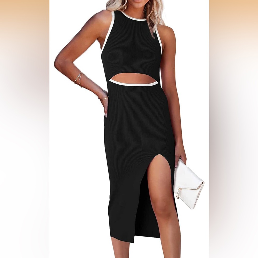 Sleeveless Black Cutout Ribbed Maxi Dress with Side Slit